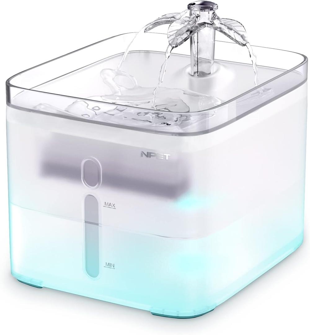 NPET Cat Water Fountain, 3L Automatic Pet Drinking Fountain Dog Water Dispenser with Quadruple-Action Filter (Semi-White, with an Adapter)