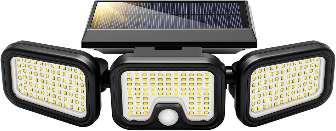 Solar Flood Lights Outdoor, 256 LED Motion Sensor Lights | 2500LM, 3 Adjustable Heads Security Lights, IP65 Waterproof, 270° Wide Lighting Angle Solar Powered Lights for Porch, Yard
