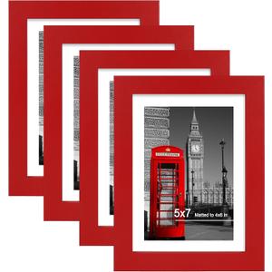 Hongkee 5x7 Picture Frame (4 Pack, Red) Made of Real Glass and Wooden Frame - Display Pictures 4x6 with Mat or 5x7 Without Mat, 5 by 7 Photo Frames TableTop Display and Wall Mounting
