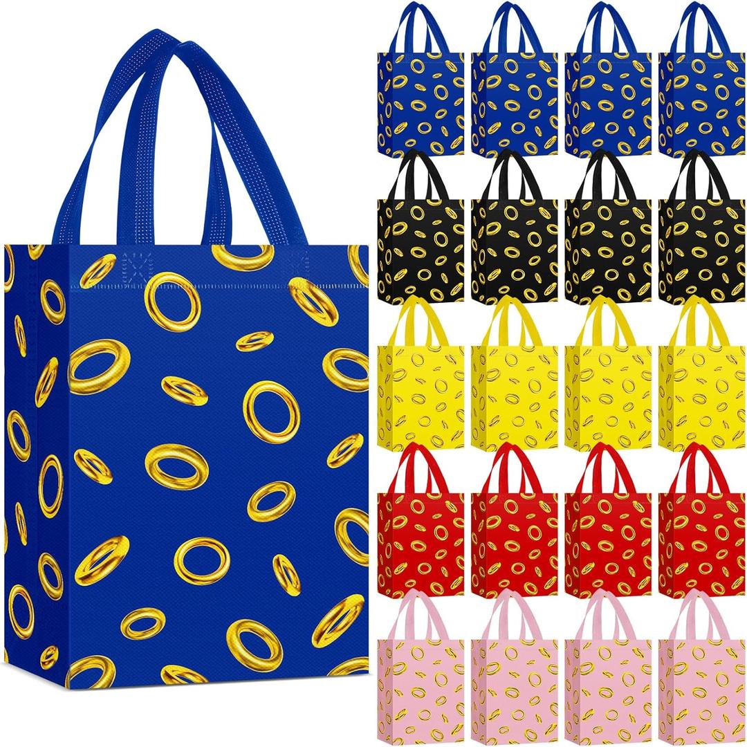 Locmeo 24 Pcs Gold Rings Gift Bags with Handles 8 x 4 x 10 Inch Blue Hedgehog Cartoon Non Woven Bags Video Game Party Favors for Gamer's Party Decorations Birthday Gifts Snack Supplies(Stylish)