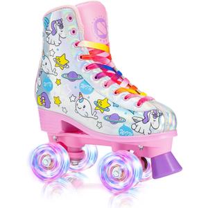 SULIFEEL Rainbow Unicorn Roller Skates for Girls Light up Wheels Kids Quad Skates with High Top Reflective TPU Leather Rainbow Unicorn (2)