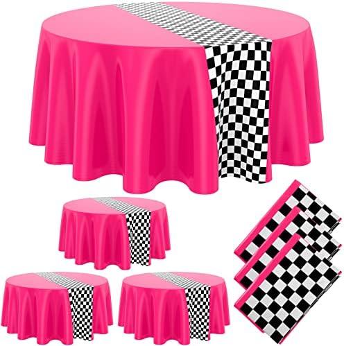 Oudain 3 Pcs Cars Birthday Party Supplies Racing Party Decorations Round Racing Tablecloth Checkered Flag Table Covers Road Plastic Table Cloth, 1950s Disco Dancing Party Tablecloth (Pink)