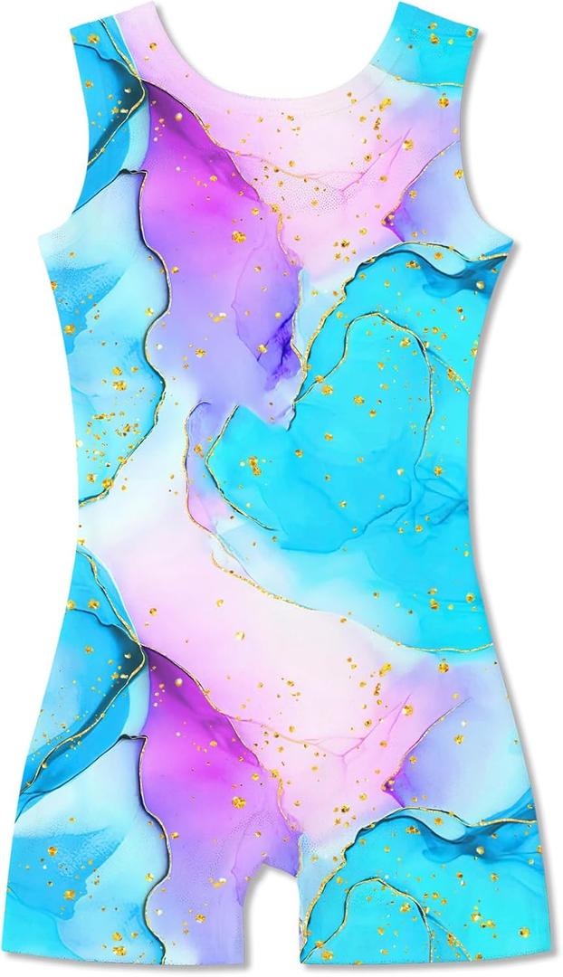 Funnycokid Girls Gymnastics Leotards with Shorts Sparkle Dance Unitards Mermaid Active Biketards (3-4T, Blue Purple Marble)