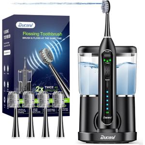 Electric Toothbrush with Water Flosser,Professional Flossing Toothbrush Combo for Teeth Cleaning Plaque Removal with 4 Replacement Heads, 3 Brush Modes & 5 Floss Speeds,Black