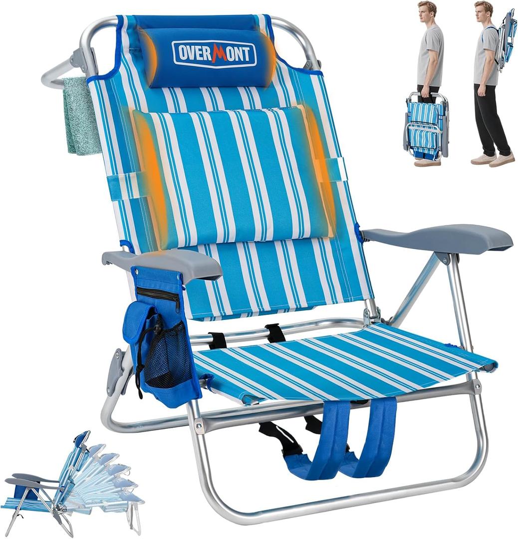 Overmont Low Beach Chair with Cooler Bag - 6-Positions Lay Flat with Ergonomic Armrests- Wide Seat with Lumbar Support, Towel Holder- Heavy-Duty 330lbs Support- Perfect for Summer, Travel & Relaxation, 1pc