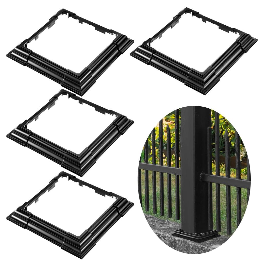 Thyle 4 Pcs 6 x 6 Inches Vinyl Post Sleeve Black Adjustable Post Skirt Base Eusable Column Wrap Trim for 3 to 6.5 Inch Porch Fence Deck Stairs Rails