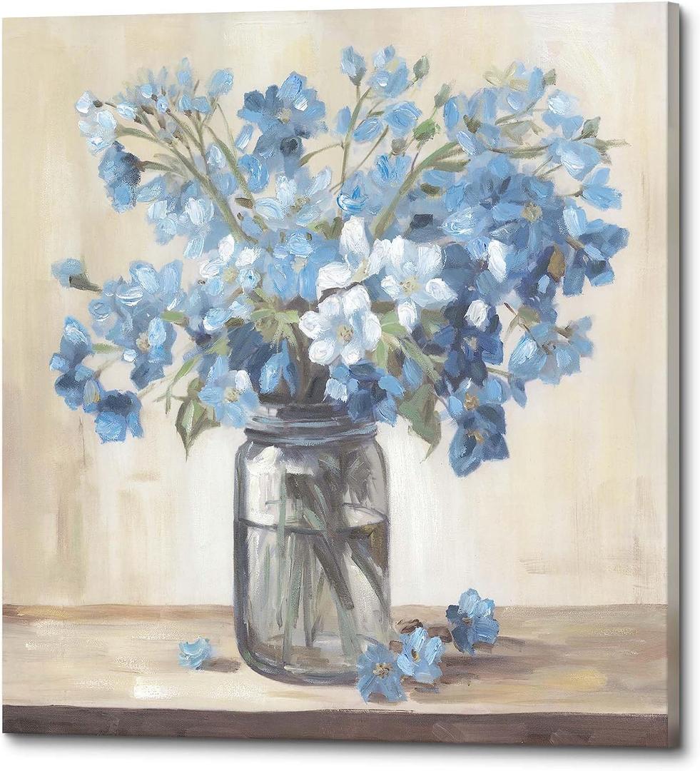 Blue Flower Pictures Wall Decor - Modern Floral Canvas Art Blossom in Vase Artwork Print for Living Room Bathroom 24x24 Inch