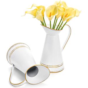 Elsjoy 2 Pack 9 Inch Metal Flower Vase, Galvanized White Flower Pitchers Shabby Chic Farmhouse Vase, Milk Jug Flower Vase for French Country Decor
