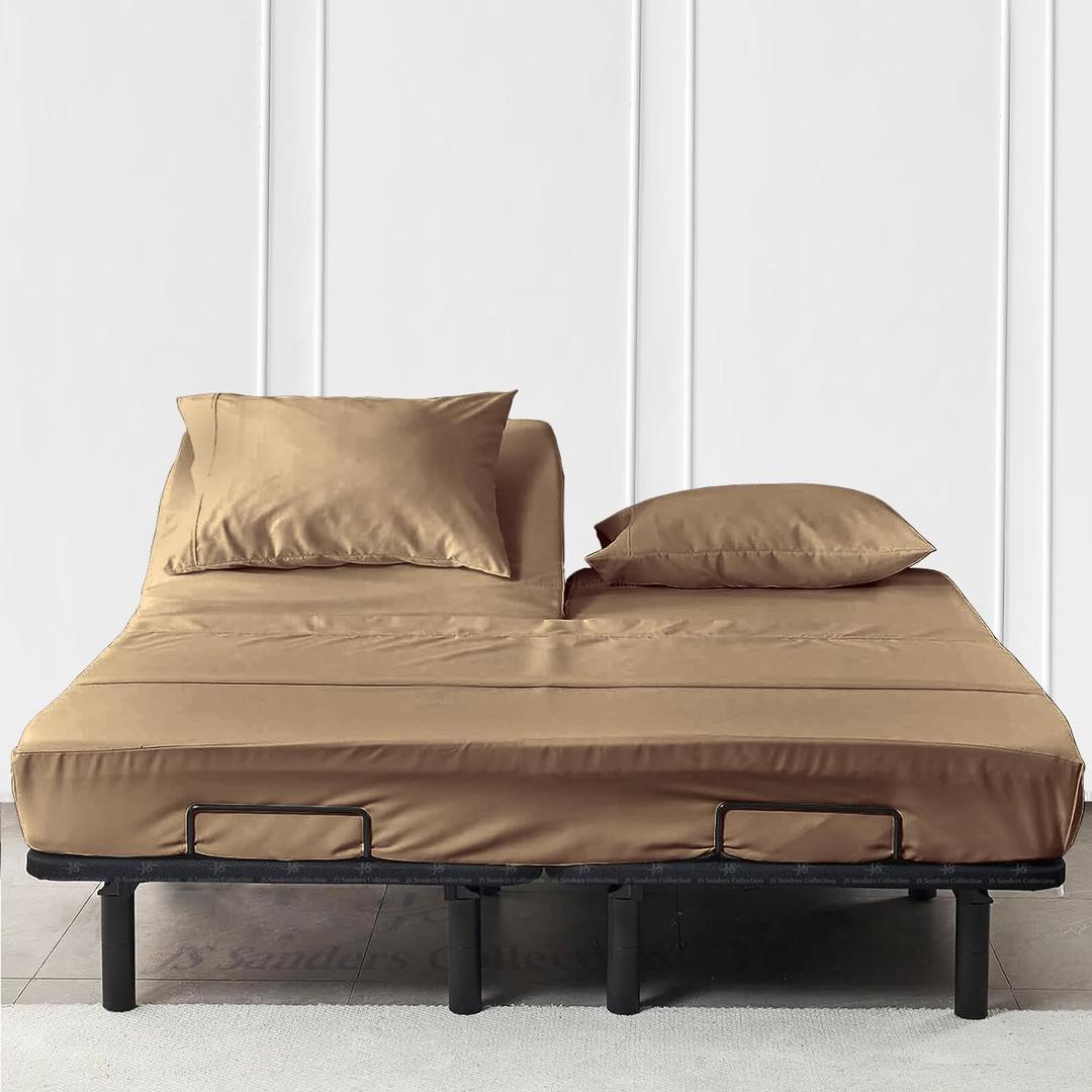 JS Sanders Collection 600TC Flex Top Cal-King Sheets for Sleep Number Bed - 100% Cotton 4 Pcs Top Split Sheets for Adjustable Bed, Cal-King 34 Inch Down Taupe -18 Inch Deep