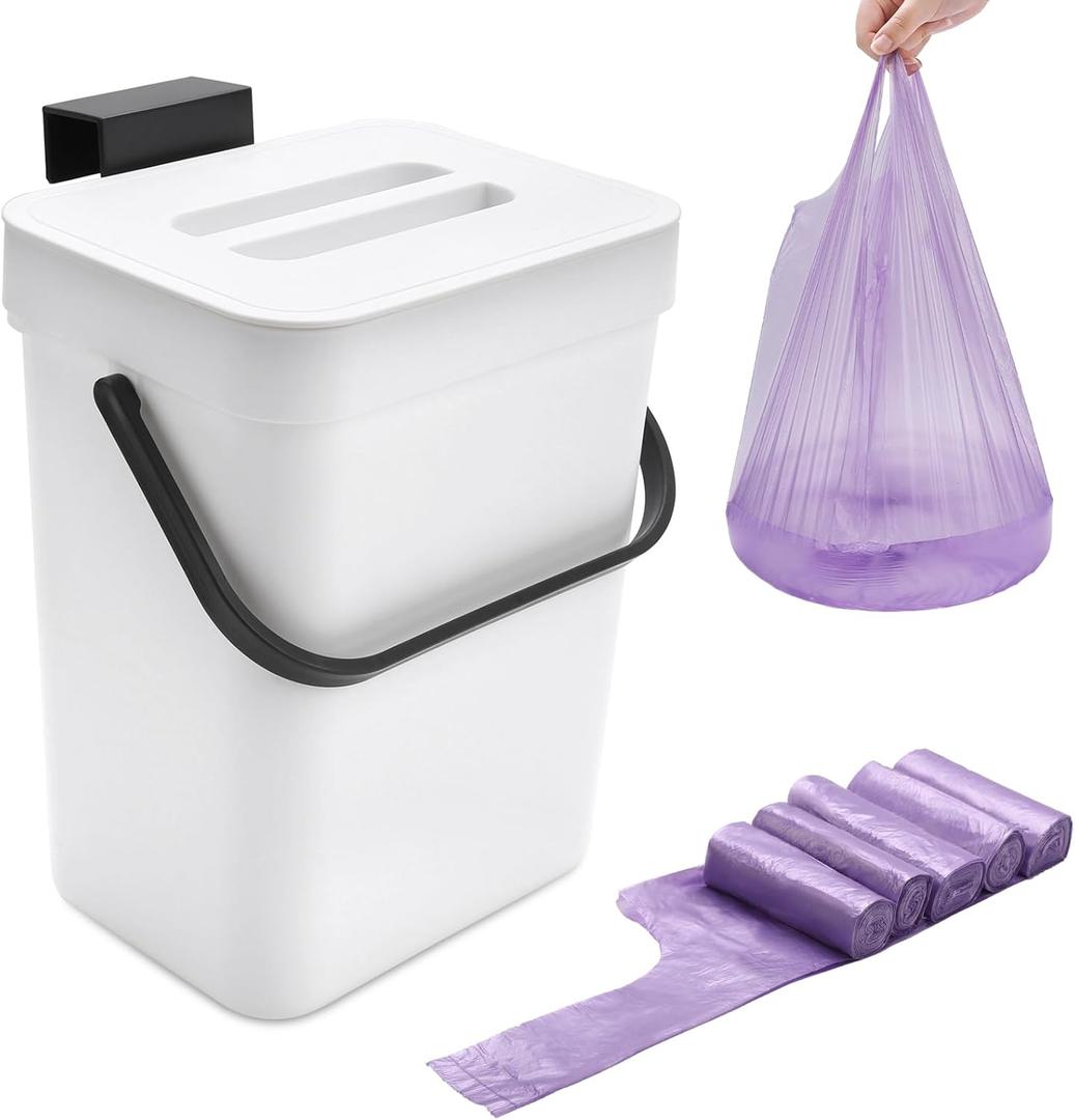 0.8 Gallon/3L Compost Bin Kitchen, Comes 5 Rolls of Handle Trash Bags, for Use on Countertops or Under Sinks, Countertop Compost Bin with Lid, for Cupboard/Bathroom/Bedroom/Office(White)