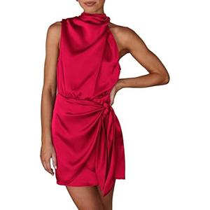 PRETTYGARDEN Women's Short Formal Satin Dress Summer Sleeveless Mock Neck Tie Waist Cocktail Party Dresses XL