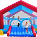 WELLFUNTIME Inflatable Bounce House, Large Shade Tent Bouncing Castle with Blower, 17.9 ft L x 14.8 ft W x 9.8 ft H, Bouncer for 6 Kids, Ages 3-12, Basketball Hoop, Ringtoss, Dartboard, Ball Pit