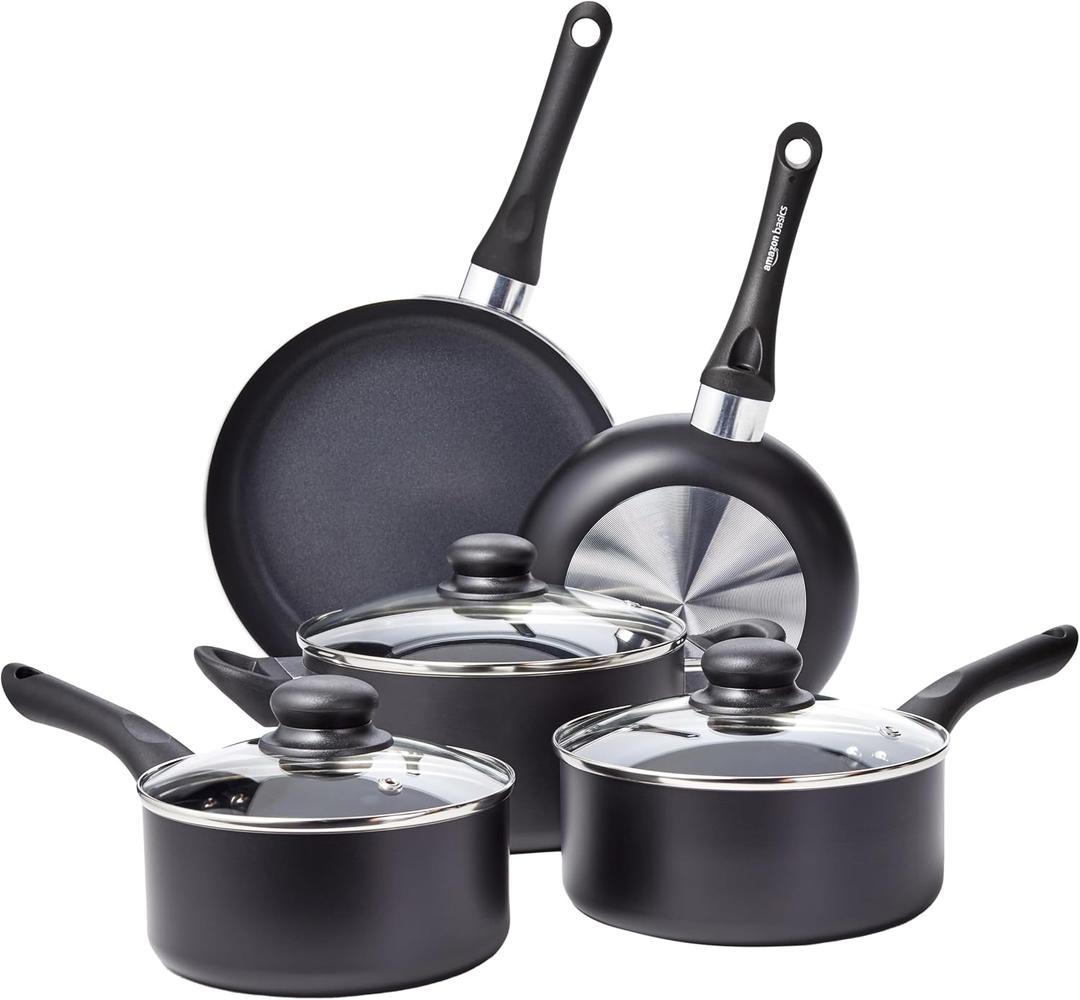 Amazon Basics Non-Stick Kitchen Cookware 8-Piece Set, Non-Induction, Includes Pots and Pans, Black