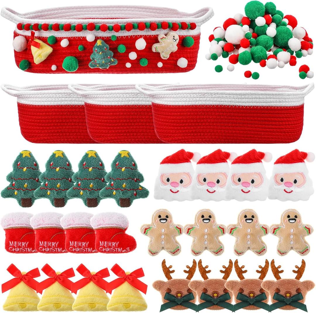 3 Set Christmas Woven Basket with Cute DIY Doll Cotton Rope Christmas Basket for Gift Empty with Handles 15 x 9.9 x 5 Inch Woven Rope Storage Bin Santa Xmas Holiday Decorative(Red White)
