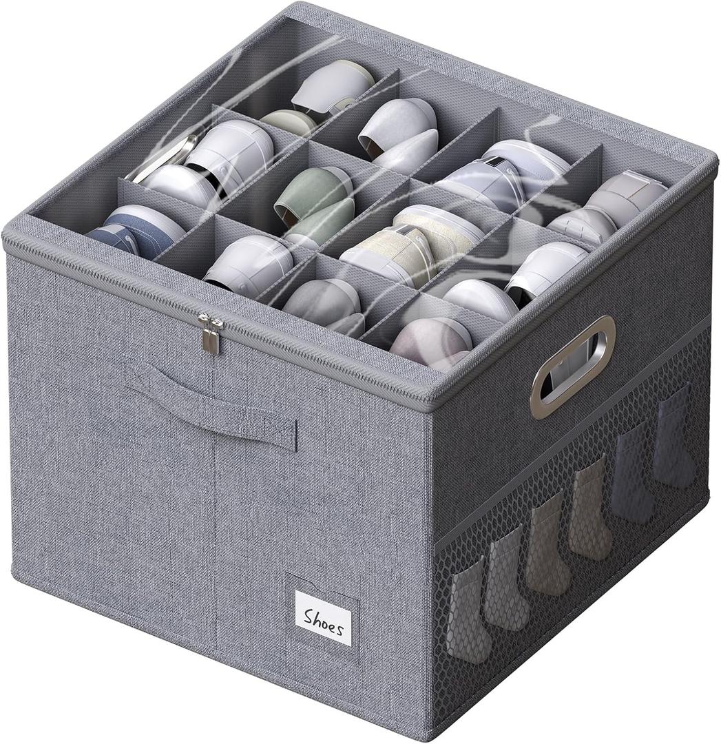 FHSQX Shoe Organizer for Closet, Fits 12 Pair, Shoe Storage Bins with Clear Cover & Adjustable Dividers for Shoes, Shoe Box Storage for Handbags, Blankets, Linen, Clothing (Grey, (16.5 * 16.5 * 13) x1)