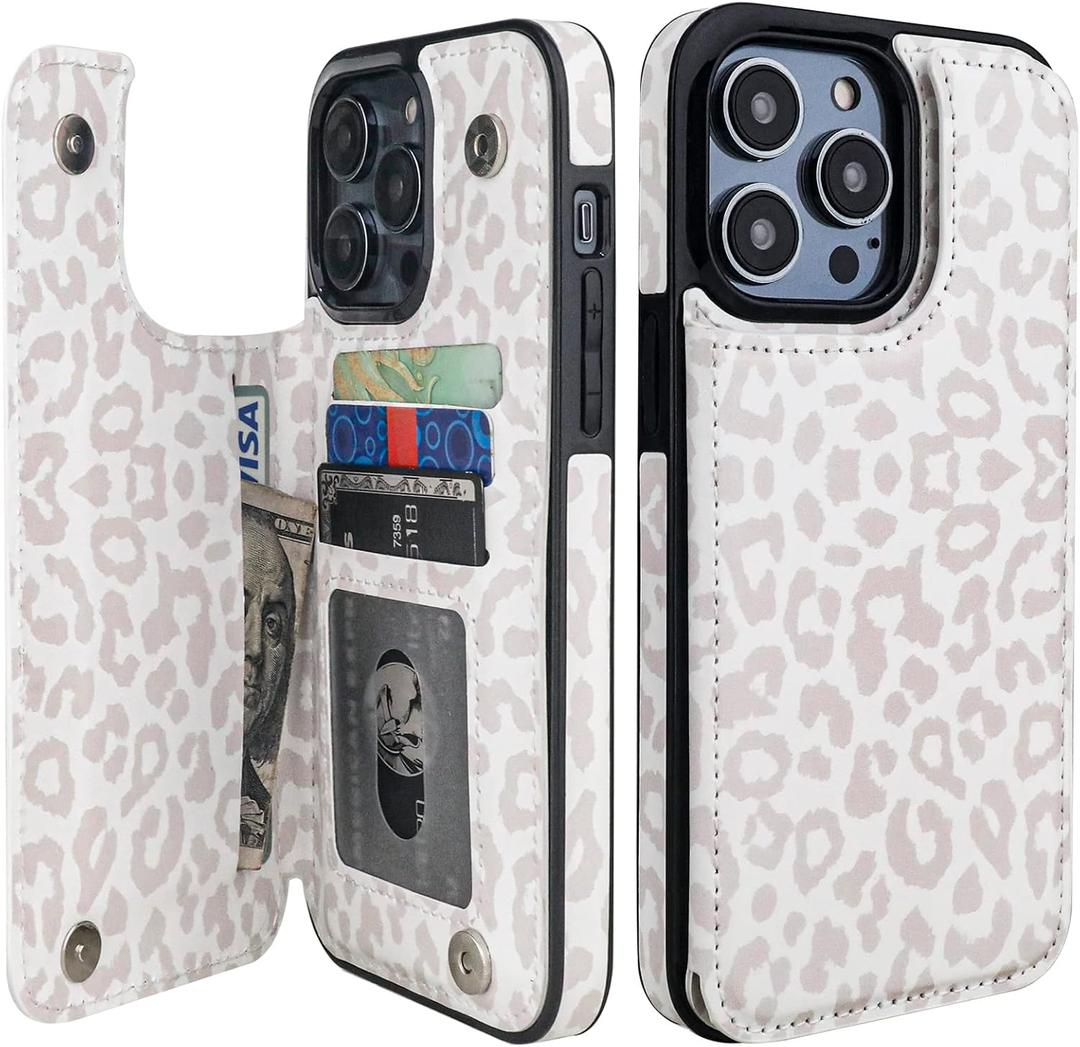 HAOPINSH for 14 Pro Max Wallet Case with Card Holder, White Leopard Cheetah Pattern Back Flip Folio PU Leather Kickstand Card Slots Case for Women Girls, Double Magnetic Clasp Shockproof 6.7"