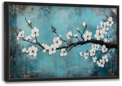 Large Zen Flowers Wall Art, Oversized Plum Blossom Pictures Wall Decor, Botanical Floral Canvas Prints Painting, Extra Blue Framed Artwork for Living Room Bedroom Office Bathroom Corridor Dining Room 36"x 24"