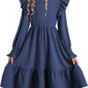 blibean Teen Girls Dress Kids Double Ruffle Long Sleeve Smocked Dresses Size 6-15 Years (Blue)