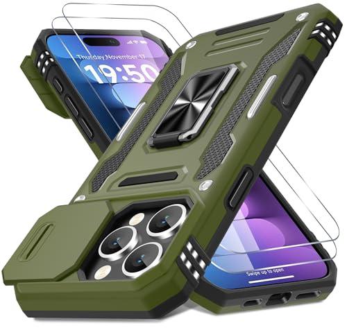 DEERLAMN Case for iPhone 16 Pro with Slide Camera Cover+Screen Protector(2 Packs), Rotated Ring Kickstand Military Grade Shockproof Protective Cover-Olive Green