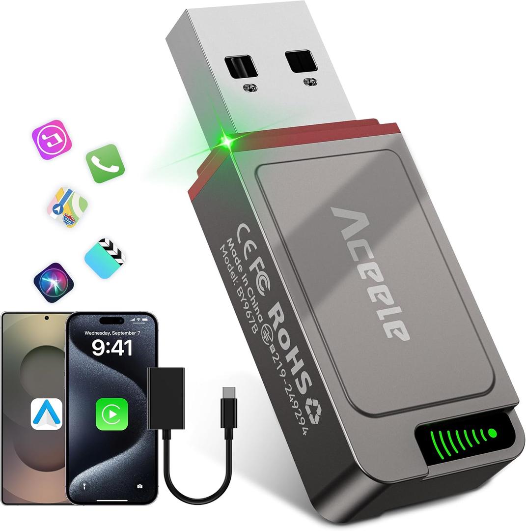 Aceele 2-in-1 Wireless CarPlay & Android Auto Adapter, 2025 Upgrade Apple CarPlay Dongle Converts Wired to Wireless, Mini Size with USB to USB-C Adapter, Auto-Reconnect, Stable Control & No Delay