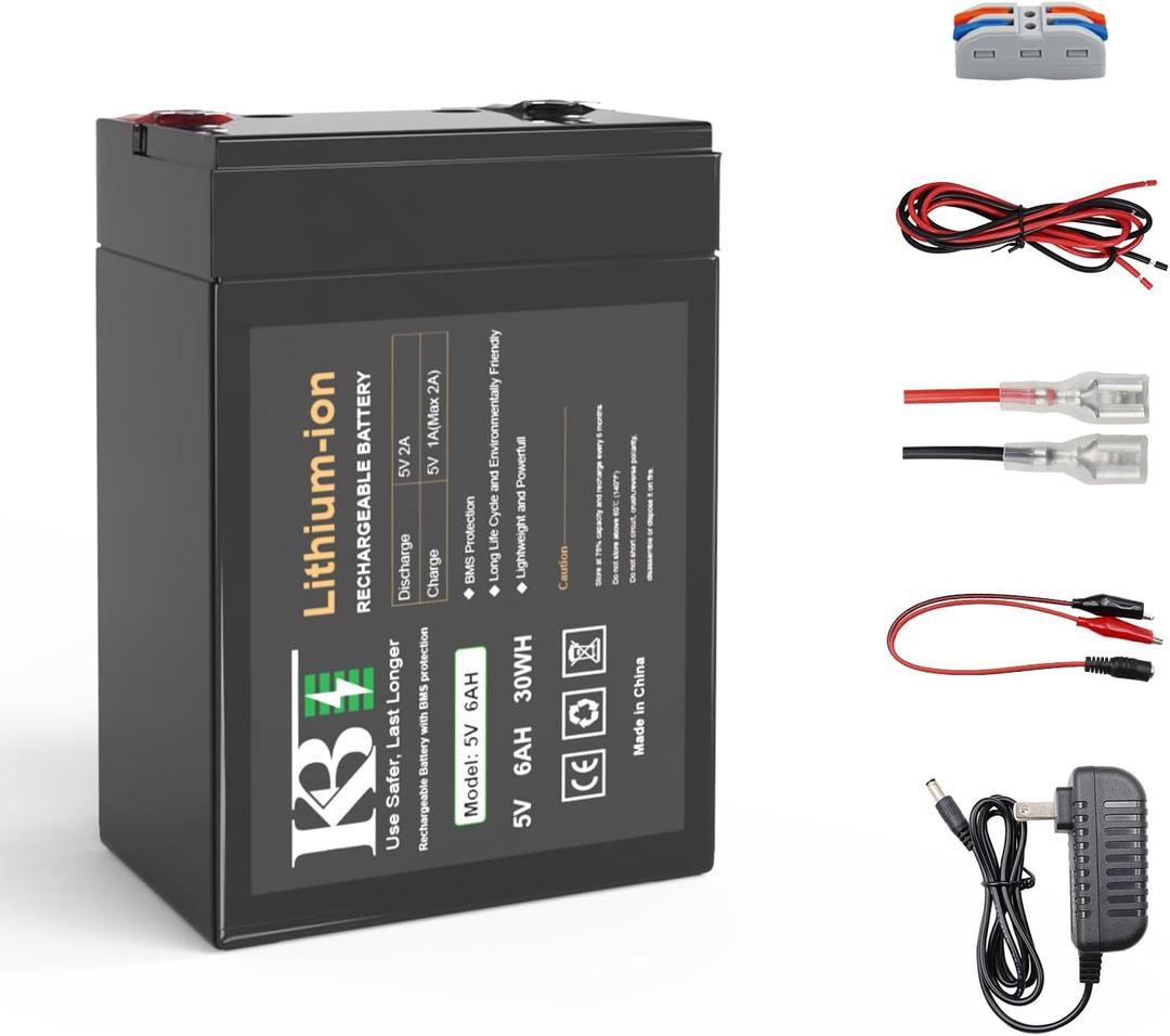 KBT 5V 6Ah Rechargeable Lithium Replacement Battery Pack, with 5V Battery Charger, Charging Cable for LED String Light, Home Security Camera, CCTV Camera, WiFi Router, DIY Project