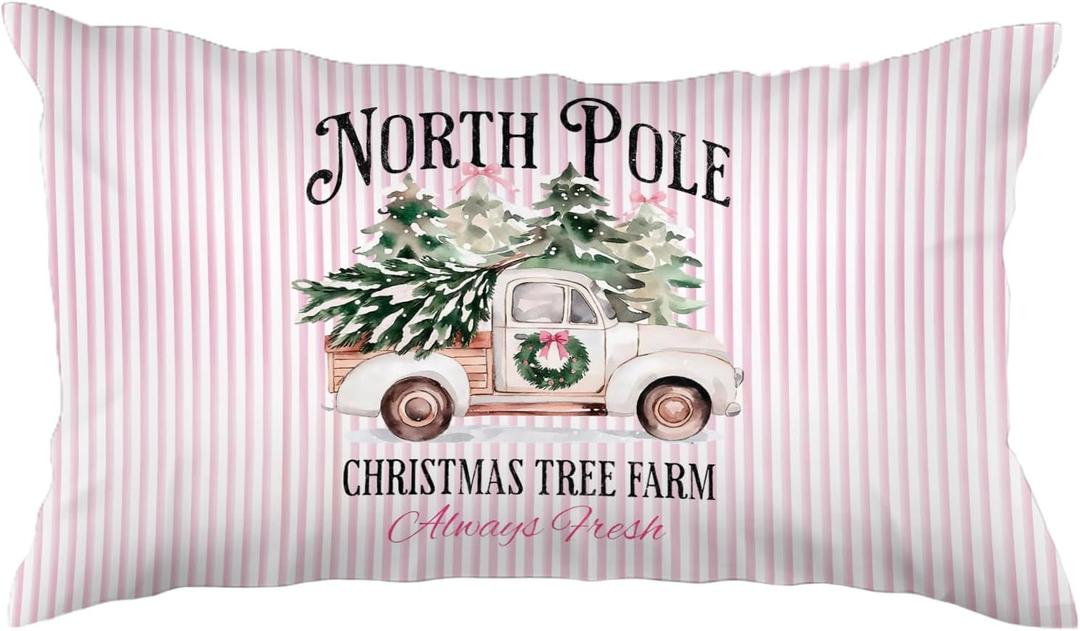 Merry Christmas Tree Truck 12x20 Pillow Cover, Preppy Pink Christmas Decor, Rustic Xmas Tree Pickup Decorative Lumbar Pillow Covers for Girls Dorm Bedroom Living Room
