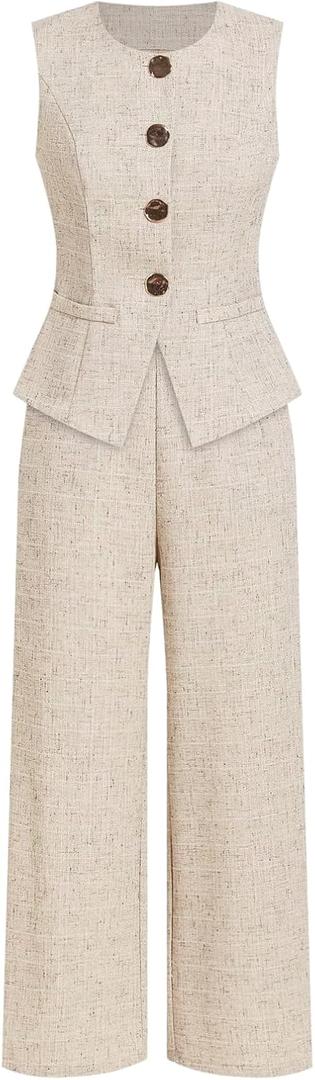 SOLY HUX Women's 2 Piece Business Casual Outfits Elegant Button Up Crew Neck Blazer Vest and Pants Set, M