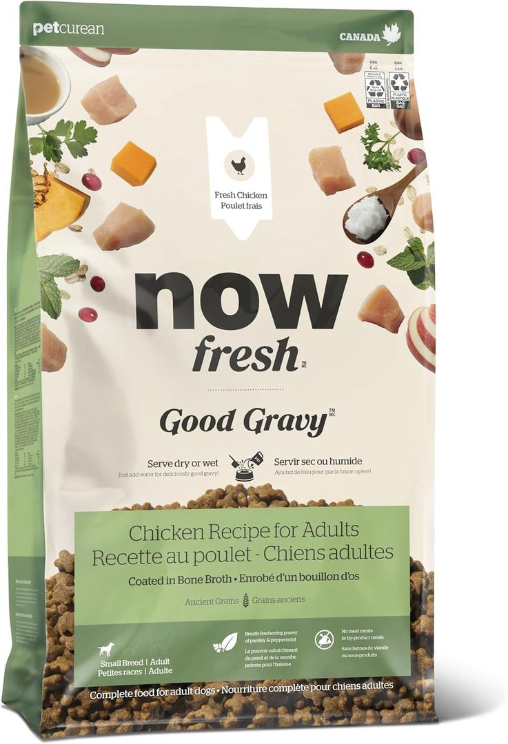 Now Fresh Good Gravy Premium Dry Dog Food with Chicken & Ancient Grains for Small Breeds, Healthy Kibble for Adults Coated in Bone Broth Serve Moist with a Splash of Water, 3.5 lb Bag, Best By: 2026 Feb 01