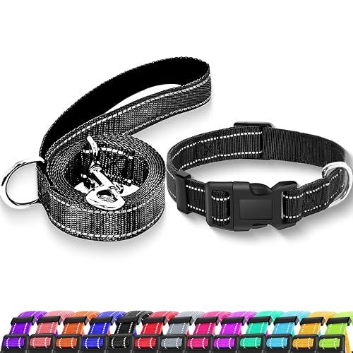 Maiiu Reflective Dog Collar with Safety Locking Buckle, Adjustable Soft Breathable Nylon Collars for Small, Medium and Large Dogs(Collar+Leash M Black)
