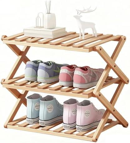 AuraHaven 3-Tier Bamboo Shoe Rack, Foldable Shoe Storage Organizer for Closet, Bedroom, Entryway & Living Room - Portable No-Assembly Design, Space-Saving for Shoes & Accessories​(3 Tier) (Wood)
