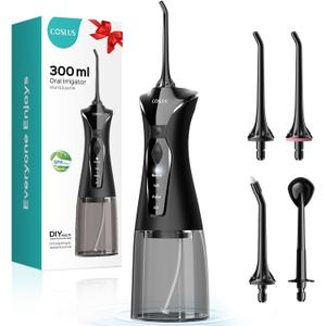 COSLUS Water Dental Flosser Pick for Teeth: 4 Modes Cordless Portable 300ML Larger Tank Water Teeth Cleaner IPX7 Waterproof Flossing Cleaning Picks for Home Travel Black C30(FC5360)