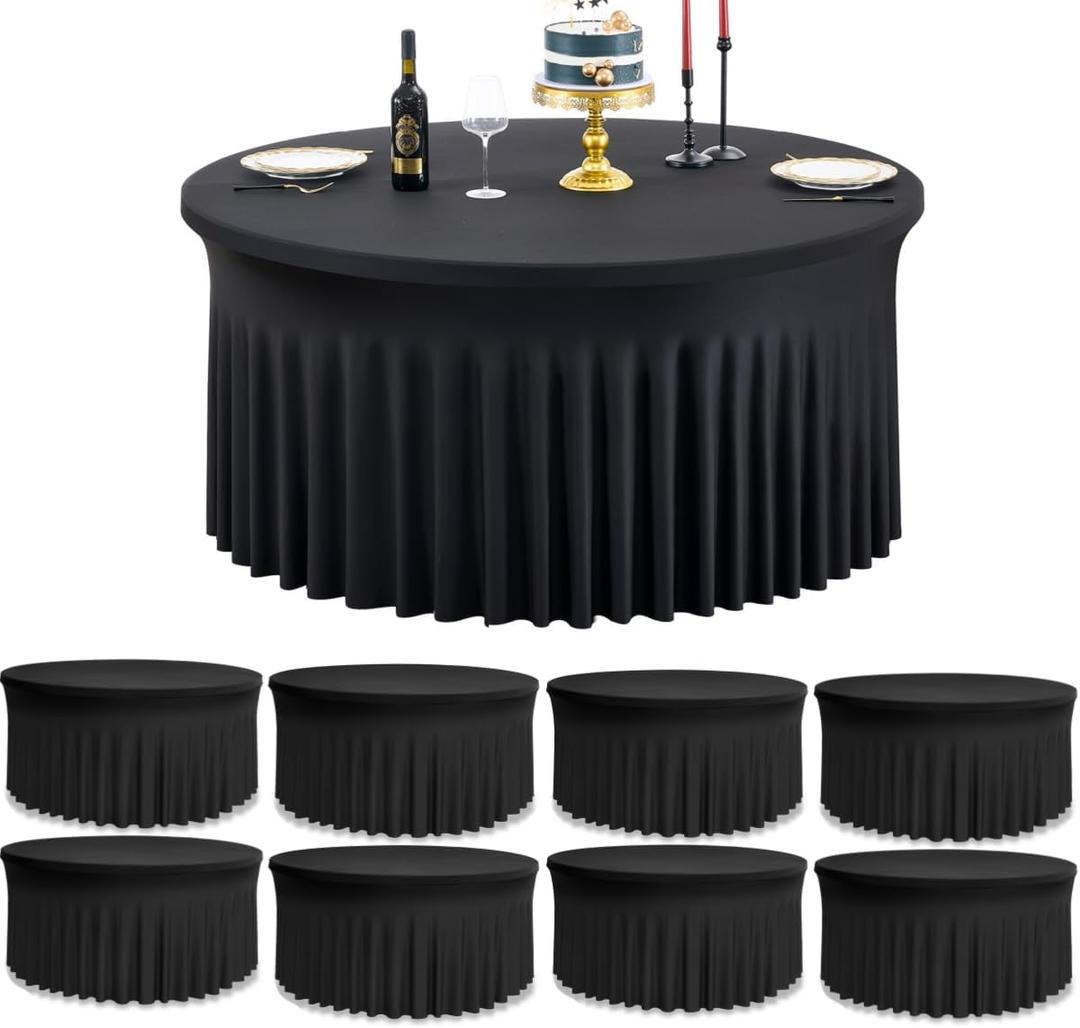 leegleri 8 Pack Spandex Black Round Tablecloths for 72in Table, Stretchy 132inch Fitted 6FT Round Table Cloths, Wrinkle Free Table Cover with Skirt for Wedding Birthday Party Bridal Shower Banquet