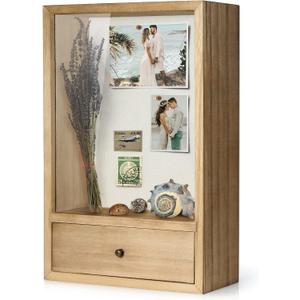 TJ.MOREE Deep Shadow Box Frame with Drawer, Shadowbox Display Case with Glass Window Picture Frame Memorabilia Bouquet Medals Military Photos Memory Box for Keepsakes
