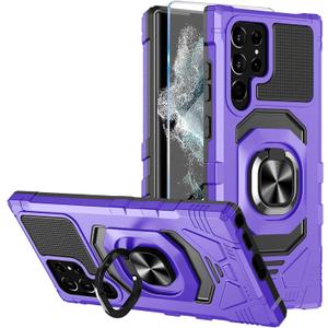 Heavy Duty Protection Case for Samsung Galaxy S22 Ultra Phone Case with Built-in Screen Protector, Military Grade Shockproof 360 Degree Metall Ring Kickstand Travel Cover Shell (Purple)