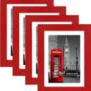 Hongkee 5x7 Picture Frame (4 Pack, Red) Made of Real Glass and Wooden Frame - Display Pictures 4x6 with Mat or 5x7 Without Mat, 5 by 7 Photo Frames TableTop Display and Wall Mounting