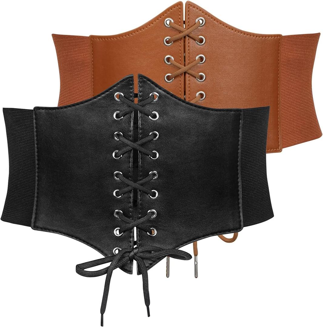 JASGOOD 2 Pack Womens Elastic Costume Waist Belt Lace-up Tied Waspie Corset Belts for Women Corset Belt (Fit Waist Size 33"-37", Black+brown)