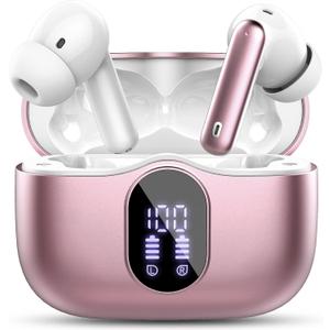 Wireless Earbuds, Bluetooth 5.4 Headphones Bass Stereo, Ear Buds with Noise Cancelling Mic, LED Display in Ear Earphones Clear Calls, IP7 Waterproof Bluetooth Earbuds for Laptop/Phones, Rose Gold