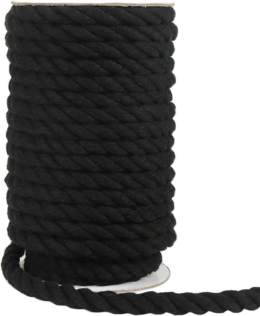 Tenn Well Black Macrame Cord 10mm, 50 Feet 3Ply Twisted Thick Cotton Rope for Crafts, Wall Hangings, Plant Hangers, Knotting, Halloween Decor