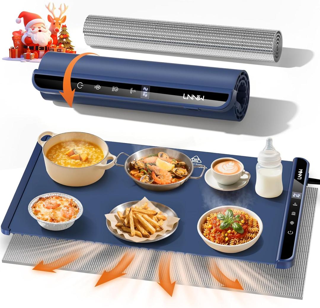 Food Warming Mat with Heat-Resistant Pad, 26X15 Inch, 6 Temperature & 6 Timer Settings, Child Lock Safety,Food Warmer Chafing Dishes for Buffet,Gatherings,Parties,Everyday Use (Dark Blue)
