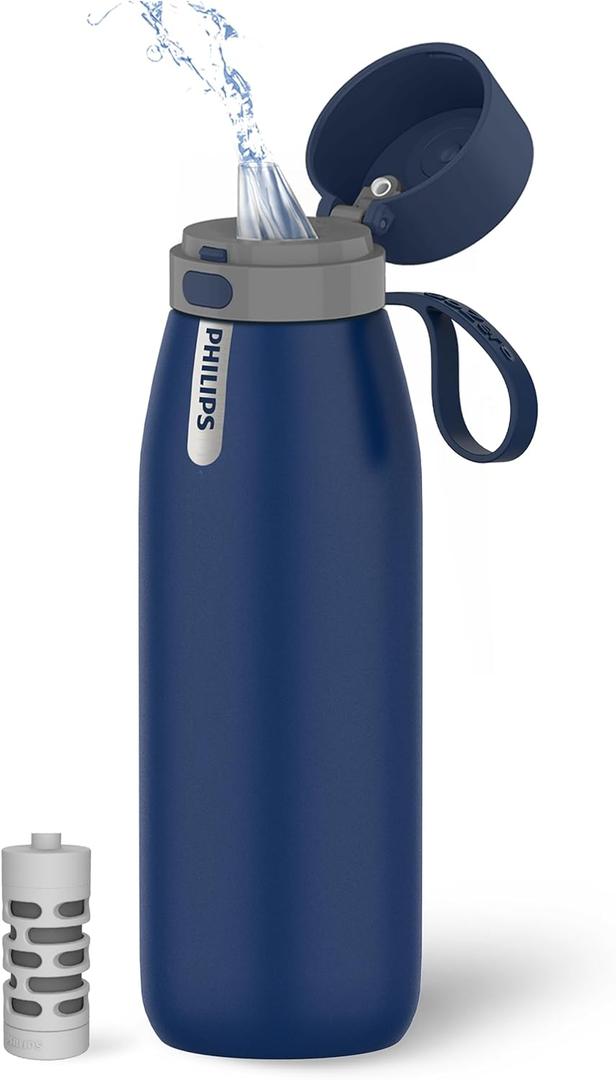 PHILIPS Water Bottle with Filter, Filter Water Bottle Stainless Steel with GoZero Everyday BPA-Free Tap Water Filter, Water Filter Bottle Keep Drink Cold 24 Hours (Navy Blue-Stainless)