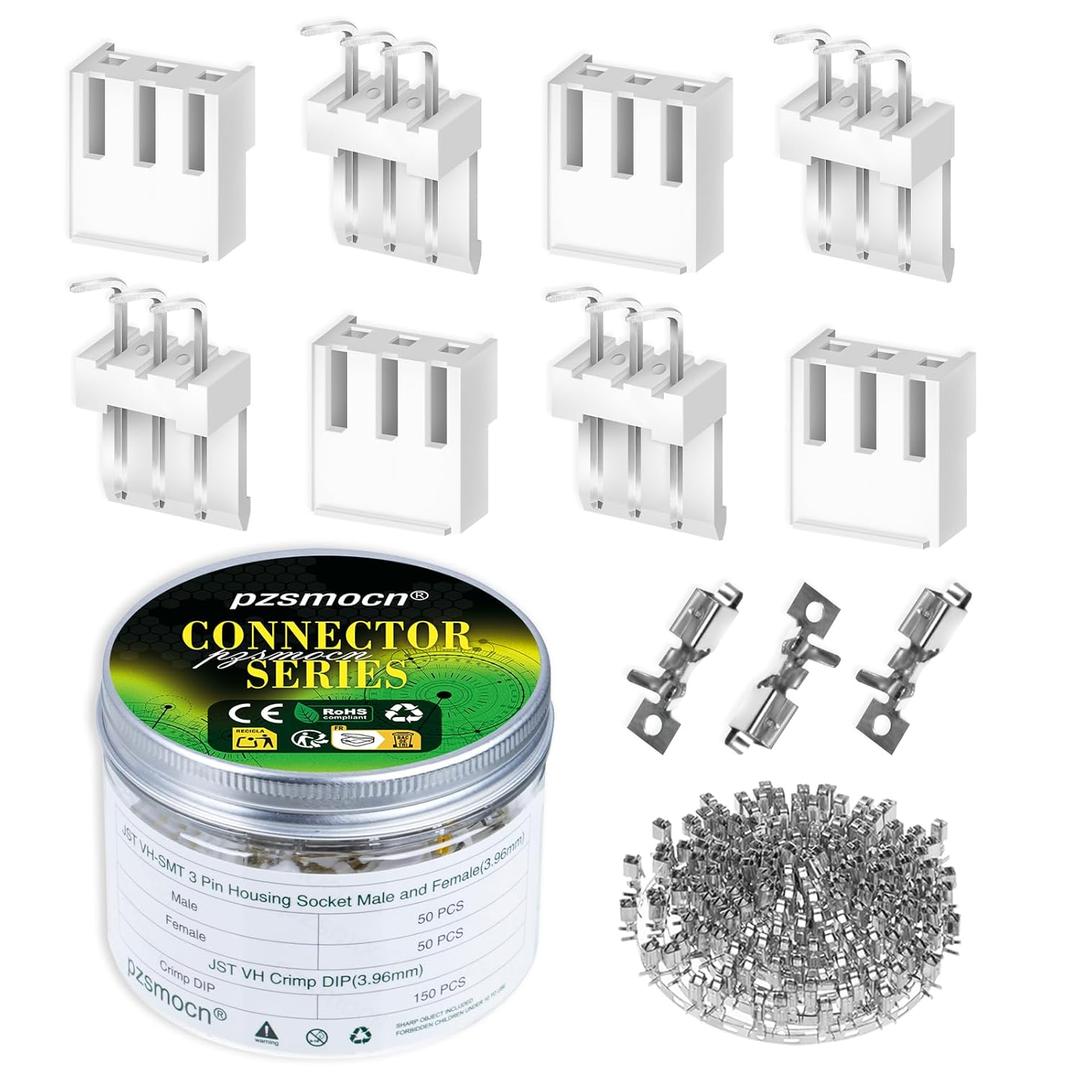 250 Pieces / 50 Sets JST VH SMT 3.96 mm Pitch 3 Pin Female Housing and Male Adapter Connector Plug Socket Terminal Wires Cables 24-18 AWG Assembly, Header Crimp Pins Kit