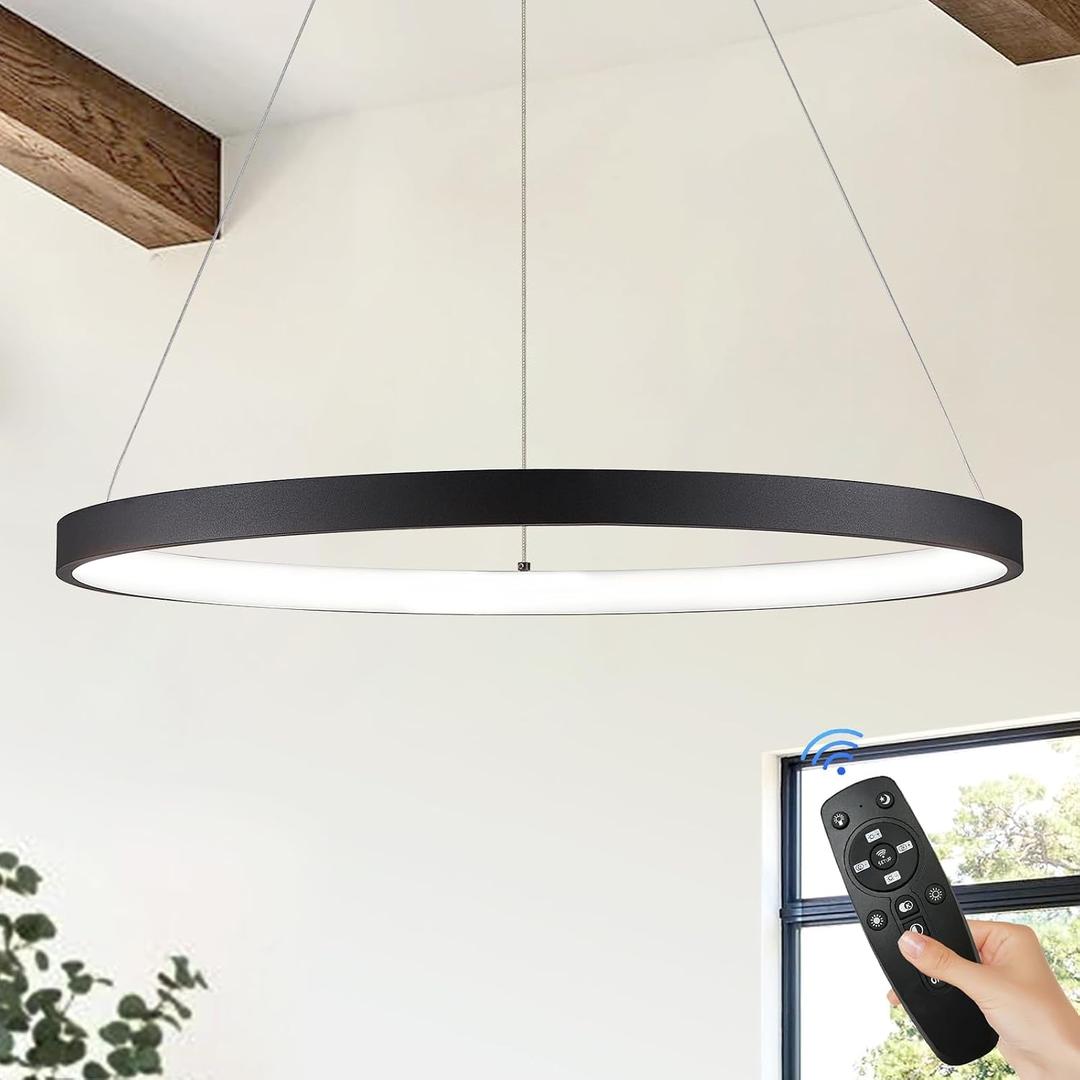 Modern LED Pendant Light Black Ring Chandelier 24" Dimmable Flush Mount Pendant Chandelier for Dinning Room Office Kitchen Living Room,3000-6500K, 1 Ring: 23.6"