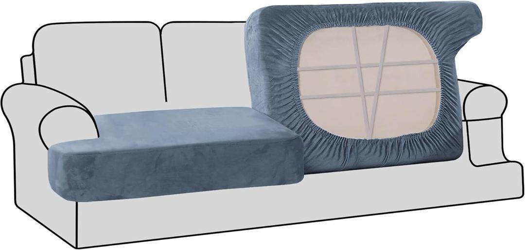 H.VERSAILTEX Stretch Velvet 2 Piece T Cushion Sofa Slipcovers - Individually Fitting Cushion Covers for 2 Couch Seat Cushions - Stay in Place (Stone Blue)