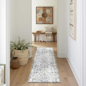 jinchan Kalen Runner Rug 2x5 Washable Hallway Rug Vintage Indoor Thin Retro Floor Cover Distressed Floral Country Lightweight Non Slip Carpet for Entryway Bathroom Kitchen Bedroom Living Room Blue