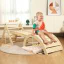 Pikler Triangle Set with Cushion, 7 in 1 Toddler Climbing Toys Indoor, Montessori Foldable Climbing Set, Wooden Climbing Toys for Toddlers 1-3 Inside with Ramp, Arch and Ladder (Nature Wood)