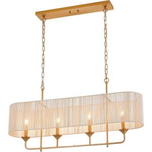 42" Boho Chandelier Brass and White Hand Woven Rattan Pendant Light Linear Large Island Light for Dining Room Kitchen Island Living Room, UL Listed