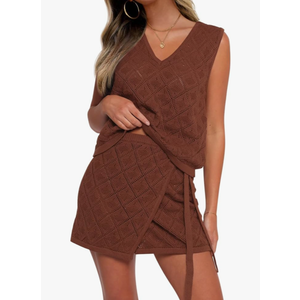 Fisoew Womens 2 Piece Crochet Swimsuit Cover Ups Sleeveless V Neck Tank Tops Wrap Skirt Sets Beach Vacation Outfits Size L