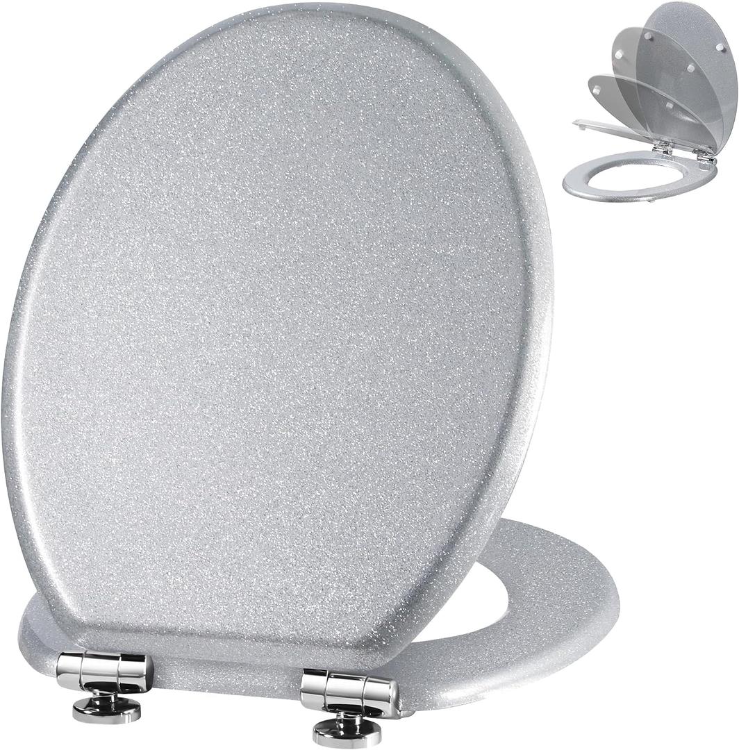Angel Shield Glitter Toilet Seat Molded Wood Toilet Seat, Quiet Close with Quick Release Adjustable Hinges 45x37cm Oval, Fits EU Bottom-Mount Toilets (Silver Glitter)