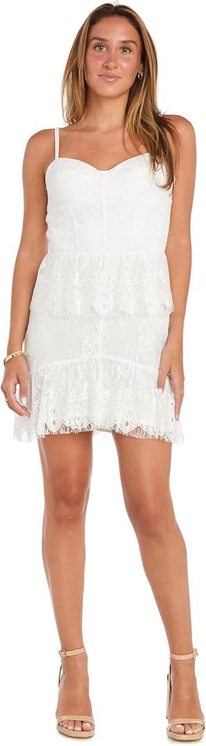 Juniors' Tiered Mini Corset Dress W/Lace Center, Back Zipper & Straps - Casual Daytime Spring & Summer Wear (White, L)- 13