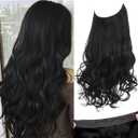 SARLA Invisible Wire Hair Extensions with 3 Clips Long Synthetic Wavy Curly Hairpiece Adjustable Transparent Headband for Women 18 Inch Jet Black